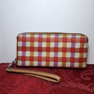Fossil Plaid Checkered Multicolored Leather Bifold Zip Up Long Wallet